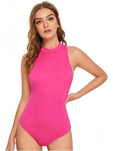 Shapewear Women's Sleeveless Mock Neck Leotard Jumpsuit Bodice Bodysuit Tops - Hot Pink - CK18IS02RAX $10.78