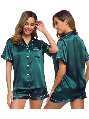 Sets Womens Silk Satin Pajamas Set Two-Piece Pj Sets Sleepwear Loungewear Button-Down Pj Sets - Deep Green - CB198RGKZAA $39.58