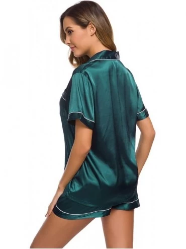 Sets Womens Silk Satin Pajamas Set Two-Piece Pj Sets Sleepwear Loungewear Button-Down Pj Sets - Deep Green - CB198RGKZAA $19.53