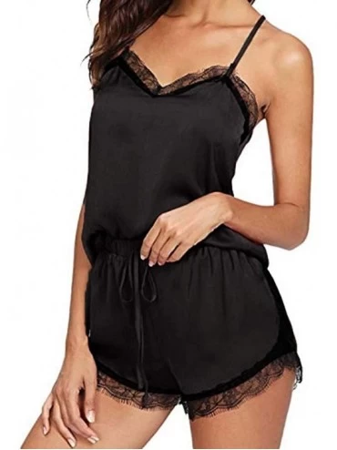 Sets Lingerie for Women for Sex Womens Sleepwear Sleeveless Strap Nightwear Lace Trim Satin Cami Top Pajama Sets Black - C718...