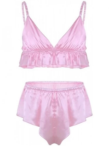 Bikinis Mens Silky Satin Sissy Lingerie Set Bikini Bra Top with Girlie Skirted Panties Nightwear - Pink - CC19DW052LQ $30.25