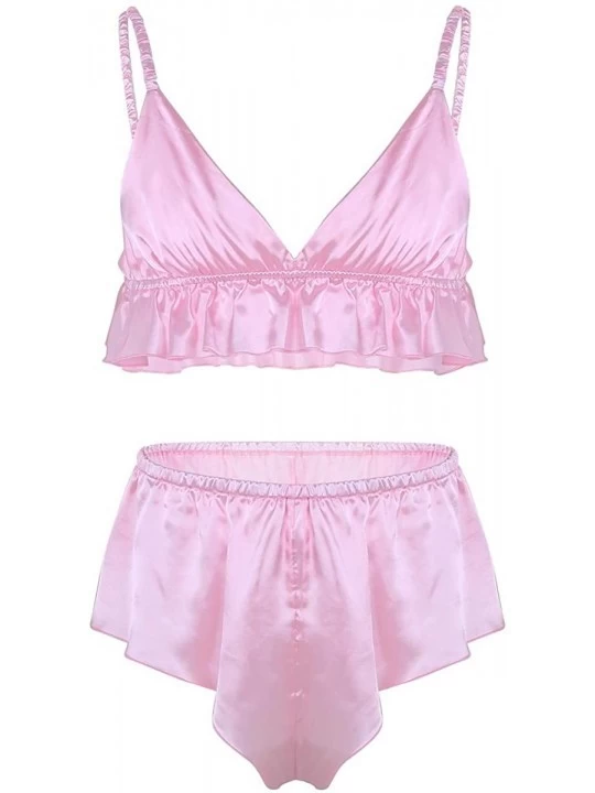 Bikinis Mens Silky Satin Sissy Lingerie Set Bikini Bra Top with Girlie Skirted Panties Nightwear - Pink - CC19DW052LQ $13.08