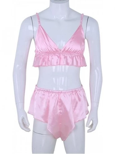 Bikinis Mens Silky Satin Sissy Lingerie Set Bikini Bra Top with Girlie Skirted Panties Nightwear - Pink - CC19DW052LQ $13.08