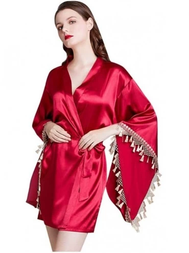 Robes Women Satin Robe Sexy Lace V-Neck Solid Color Silky Kimono Bathrobe Nightgown Sleepwear - Wine - CY194TE4287 $35.88