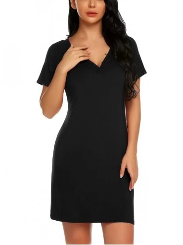 Nightgowns & Sleepshirts Women's Short Sleeve Sleepshirt V Neck Nightshirt Nightgown Sleepwear Black - CA18QGNIR6S $48.29