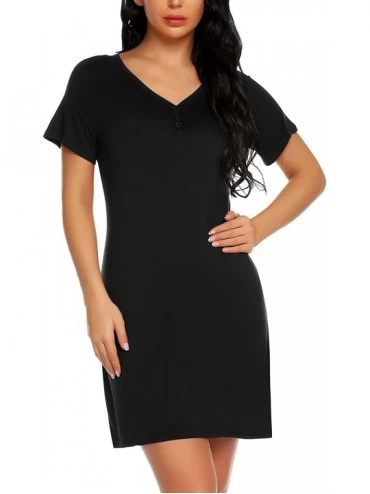 Nightgowns & Sleepshirts Women's Short Sleeve Sleepshirt V Neck Nightshirt Nightgown Sleepwear Black - CA18QGNIR6S $20.70