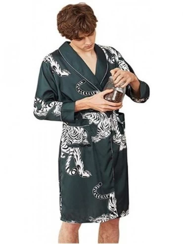 Robes Green Satin Long Bathrobe Men Wedding Bride Bridesmaid Robe Nightgown Sleepwear Print Tiger Kimono Blue M - Blue - CZ18...