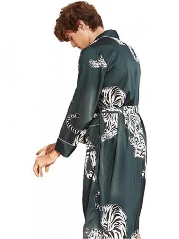 Robes Green Satin Long Bathrobe Men Wedding Bride Bridesmaid Robe Nightgown Sleepwear Print Tiger Kimono Blue M - Blue - CZ18...
