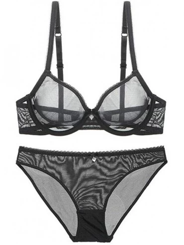 Bras Women's Sheer See-Through Bra Plus Size Unlined Transparent Bras and Panties Set - Black Set - CT189KKWZLZ $34.43