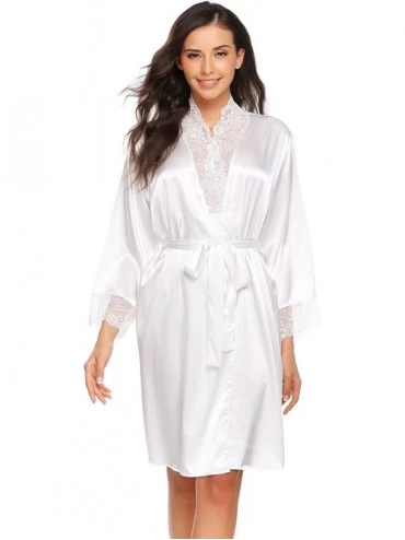 Robes Women Kimono Robes Lace Patchwork Satin Nightdress Dressing Gown with Belt - White - CS18C056SG8 $37.21