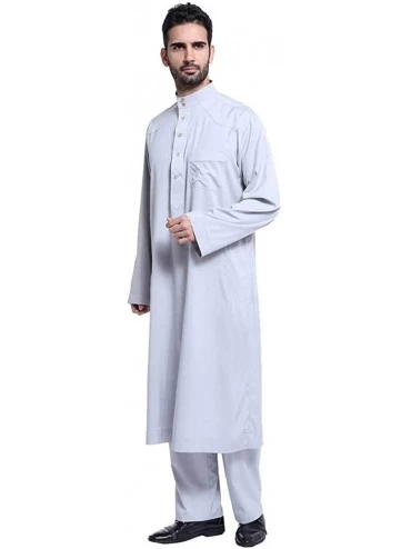 Robes Men's Thobe with Long Sleeves Short Sleeves Arab Muslim Islamic Dubai Wear Robe - Gray - CR18W463K2Q $78.45