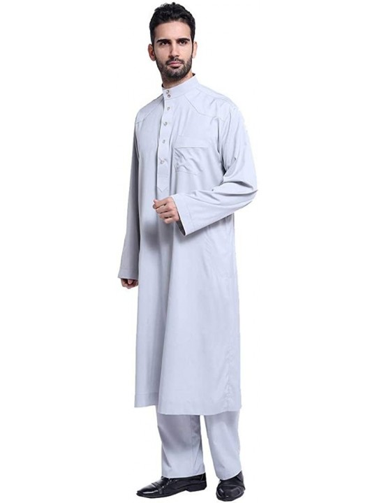 Robes Men's Thobe with Long Sleeves Short Sleeves Arab Muslim Islamic Dubai Wear Robe - Gray - CR18W463K2Q $91.87