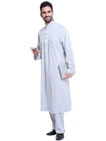 Robes Men's Thobe with Long Sleeves Short Sleeves Arab Muslim Islamic Dubai Wear Robe - Gray - CR18W463K2Q $91.87