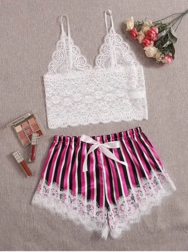 Sets Women's 2 Piece Lingerie Set Lace Cami Top with Shorts with Panties Sexy Pajama Set - White Pink-5 - CM19E00ILLH $11.25