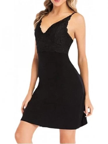 Nightgowns & Sleepshirts Women V Neck Lightweight Spaghetti Straps Knee Length Sleepwear Lingerie - Black - CH19CON9AS9 $48.86