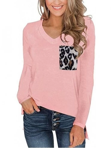 Shapewear Long Sleeve T Shirt Women- Women's Blouse Leopard Pocket Tops Long Sleeves V Neck Pullover Casual Basic Tees - Pink...