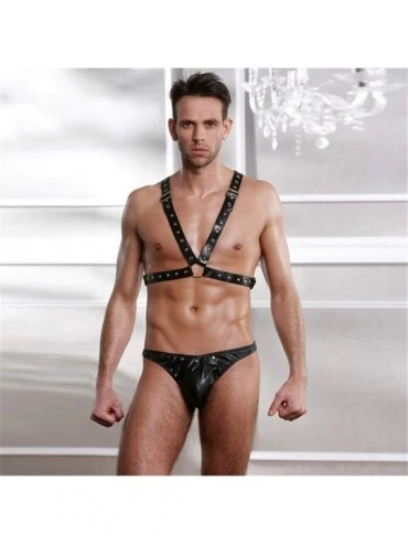 G-Strings & Thongs Men's Sexy Underwear Faux Leather Underwear Set Bondage Tights Thongs Leather Bondage Tied Clothes Chain T...