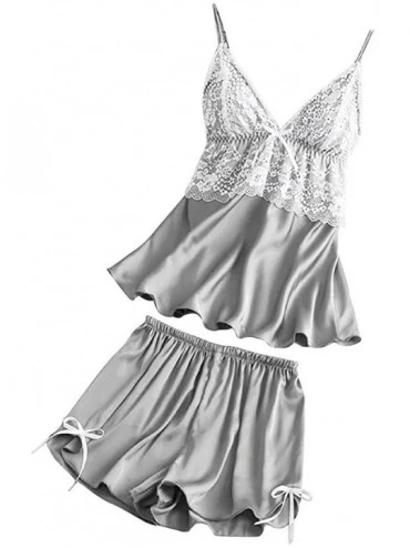Sets Women Satin Lace V-Neck Camisole Bowknot Shorts Set Sleepwear Pajamas Lingerie - Gray - CZ194TKZIUM $23.48