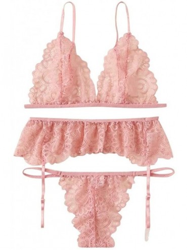 Tops Pajamas Set for Women Ladies Underwear Wireless Bra Thong with Garter Sexy Lace Pajamas Lingerie - Pink - CS19422255R $1...