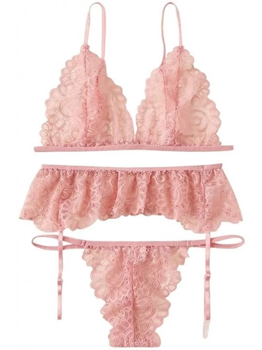 Tops Pajamas Set for Women Ladies Underwear Wireless Bra Thong with Garter Sexy Lace Pajamas Lingerie - Pink - CS19422255R $8.71