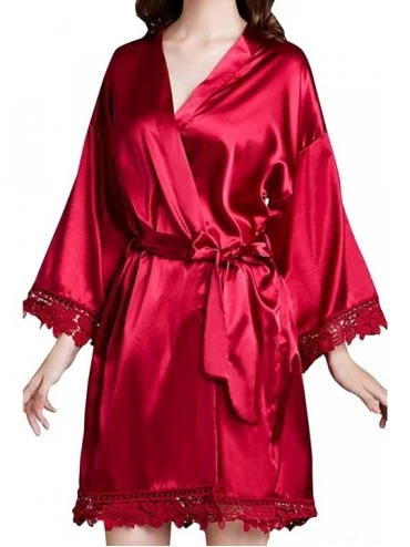 Robes Women's Satin Plain Short Kimono Robe Lace Bathrobe Bridesmaids Lingerie Robes - Wine - CG198360GHR $40.59