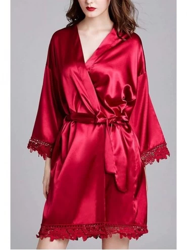 Robes Women's Satin Plain Short Kimono Robe Lace Bathrobe Bridesmaids Lingerie Robes - Wine - CG198360GHR $17.00