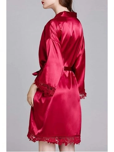Robes Women's Satin Plain Short Kimono Robe Lace Bathrobe Bridesmaids Lingerie Robes - Wine - CG198360GHR $17.00