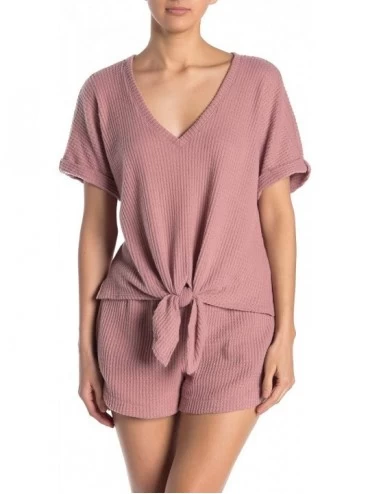 Sets Women Waffle Knit Sets Summer Two Pieces Sets V Neck Short Sleeve Tie Front Top and Shorts Solid Color Sets Pink - CX19C...