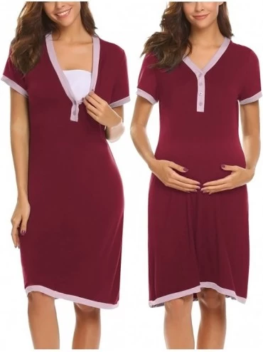 Nightgowns & Sleepshirts Women's Maternity Dress Short Sleeve Nursing Nightgown for Breastfeeding Sleepwear - Wine Red - C418...