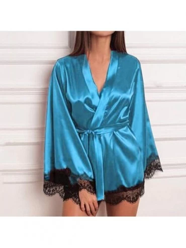 Robes Women Satin Pure Color Robe Short Kimono Bathrobe Silky Sleepwear Nightgown Pajama Lace Trim Robe - Green - CO18UKA8LU5...
