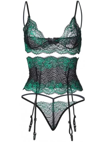 Bustiers & Corsets Fashion Women Screen Perspective Eyelash Lace Perspective Sexy Underwear Suit - Green - CB18YIAIIOZ $22.05