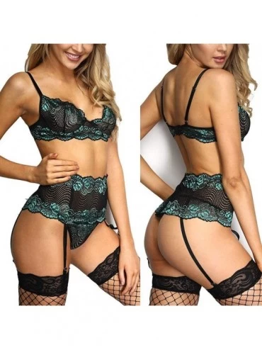 Bustiers & Corsets Fashion Women Screen Perspective Eyelash Lace Perspective Sexy Underwear Suit - Green - CB18YIAIIOZ $10.27