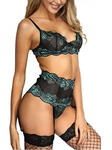 Bustiers & Corsets Fashion Women Screen Perspective Eyelash Lace Perspective Sexy Underwear Suit - Green - CB18YIAIIOZ $10.27