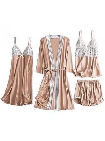 Baby Dolls & Chemises Women's 4PCS Silk Satin Pajama Set Cami Top Nightgown Lace Sleepwear Robe Babydoll Sets Sexy Nightdress...