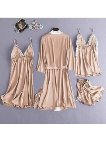 Baby Dolls & Chemises Women's 4PCS Silk Satin Pajama Set Cami Top Nightgown Lace Sleepwear Robe Babydoll Sets Sexy Nightdress...