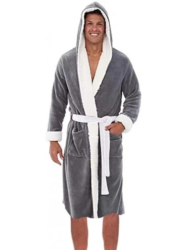 Robes Men's Hooded Bathrobe Long Robe - Gray - CB18YYO5ZH4 $40.95