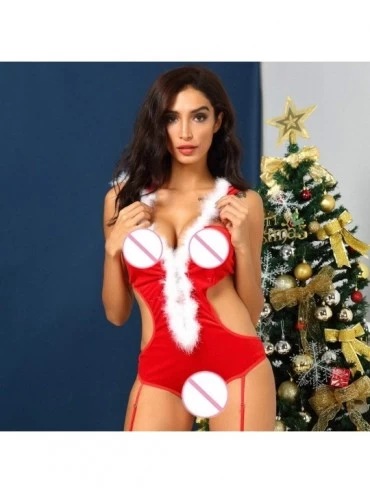 Bras Women Christmas Lingerie Suit Sexy Bra Jumpsuit Temptation Lace Velvet Babydoll Erotic Underwear with Garter - Red4 - C1...