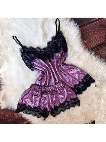 Sets Women's Satin Pajamas Lace Floral Cami Lingerie Top and Shorts Sleepwear Halter Sexy Negligees Set - Purple - CV194Z54XE...