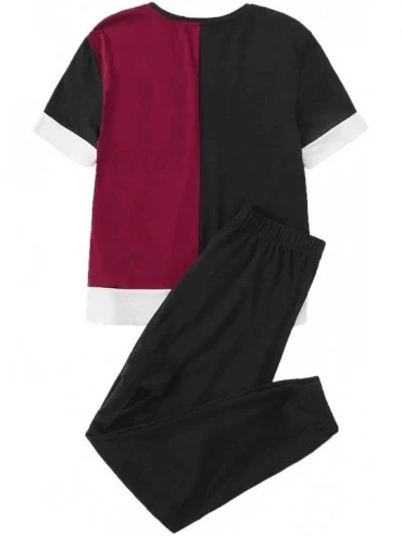 Sets Women's 2PCS Colorblock Letter Short Sleeve T Shirts Elastic Sweatpants Tracksuit Set - Multicolored - CG1920DUSMU $16.77