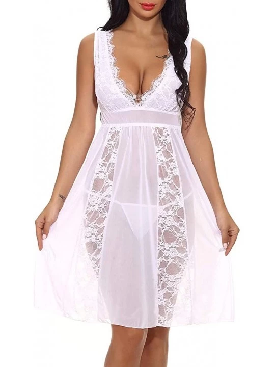 Accessories Sexy Women Long Lace Lingerie Nightdress G-String Sheer Gown Chemise - White - C118NZE9X4A $13.87