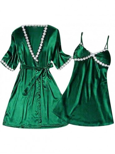 Sets 2pcs Women Sexy Satin Sleepwear Babydoll Lingerie Nightdress Pajamas Set - A Green - CF18NZYRWS5 $47.30
