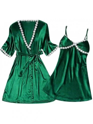 Sets 2pcs Women Sexy Satin Sleepwear Babydoll Lingerie Nightdress Pajamas Set - A Green - CF18NZYRWS5 $43.80
