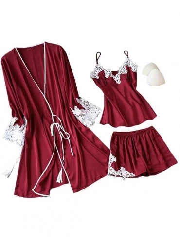 Robes 3PCS Sleepwear Set Women Silk Lace Robe Camisole Shorts Bathrobe Nightwear Pajamas Set - Red - C5196ITYYU8 $15.88