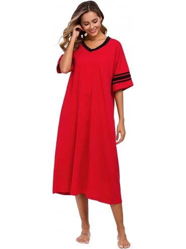 Nightgowns & Sleepshirts Women's Nightgown- V Neck Loungewear Short Sleeve Sleepwear Full Length Sleep Shirt with Pockets - R...