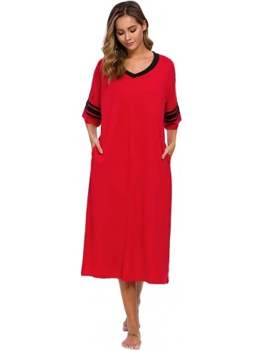 Nightgowns & Sleepshirts Women's Nightgown- V Neck Loungewear Short Sleeve Sleepwear Full Length Sleep Shirt with Pockets - R...
