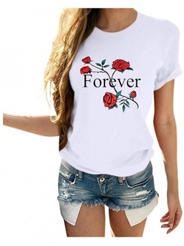 Slips Fashion Womens Tops Short Sleeve Plus Size Loose Rose Printed T-Shirt O-Neck Tee Shirts Casual Tunic Blouses - White - ...