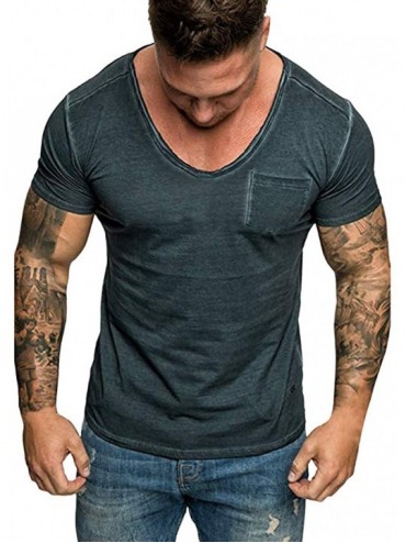 Undershirts Men's Short Sleeve Summer Slim Casual Pocket V-Neck Fit Gym Bodybuilding Stringer Top Blouse T-Shirt - Dark Blue ...