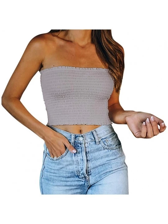 Camisoles & Tanks Women's Summer Off Shoulder Pleated Strapless Bandeau Tube Sexy Crop Top Tank Cami - Gray - CP198UGKYHU $10.72