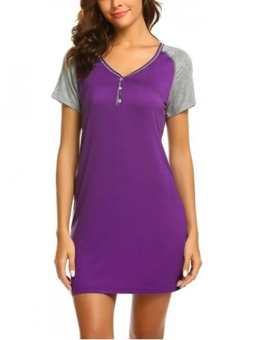 Nightgowns & Sleepshirts Women's Short Sleeve V-Neck Nightgown Soft Sleeping Shirts Loungewear Nightshirts - Purple - CE18DL5...