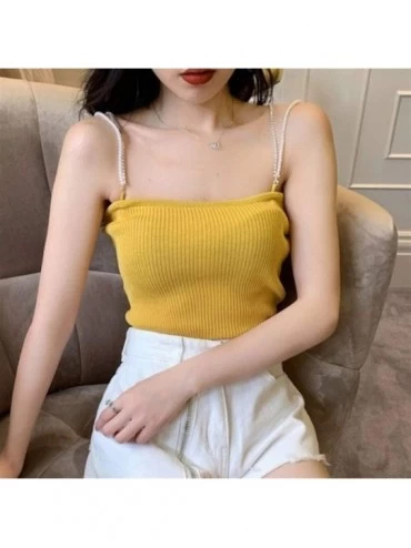 Camisoles & Tanks Solid Color Sexy Slim Pearl Sling Knit Bottoming Tank Tops Fashion 2020 Trend Women's Camisoles - White - C...